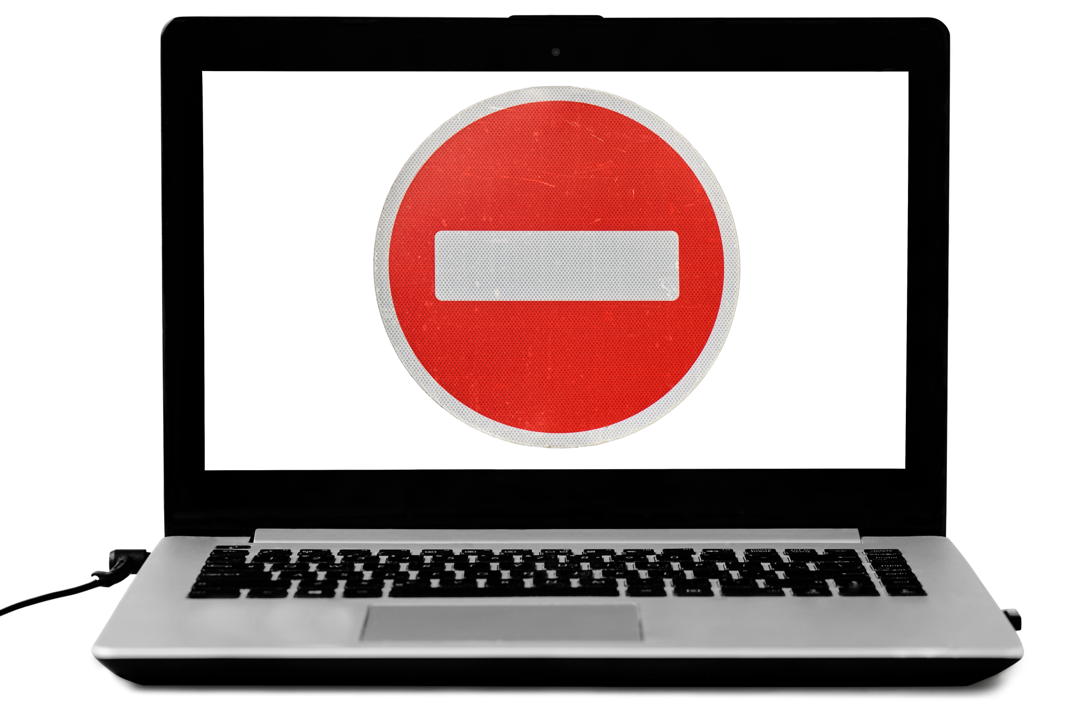 Laptop with a do not enter sign on the screen isolated on white.