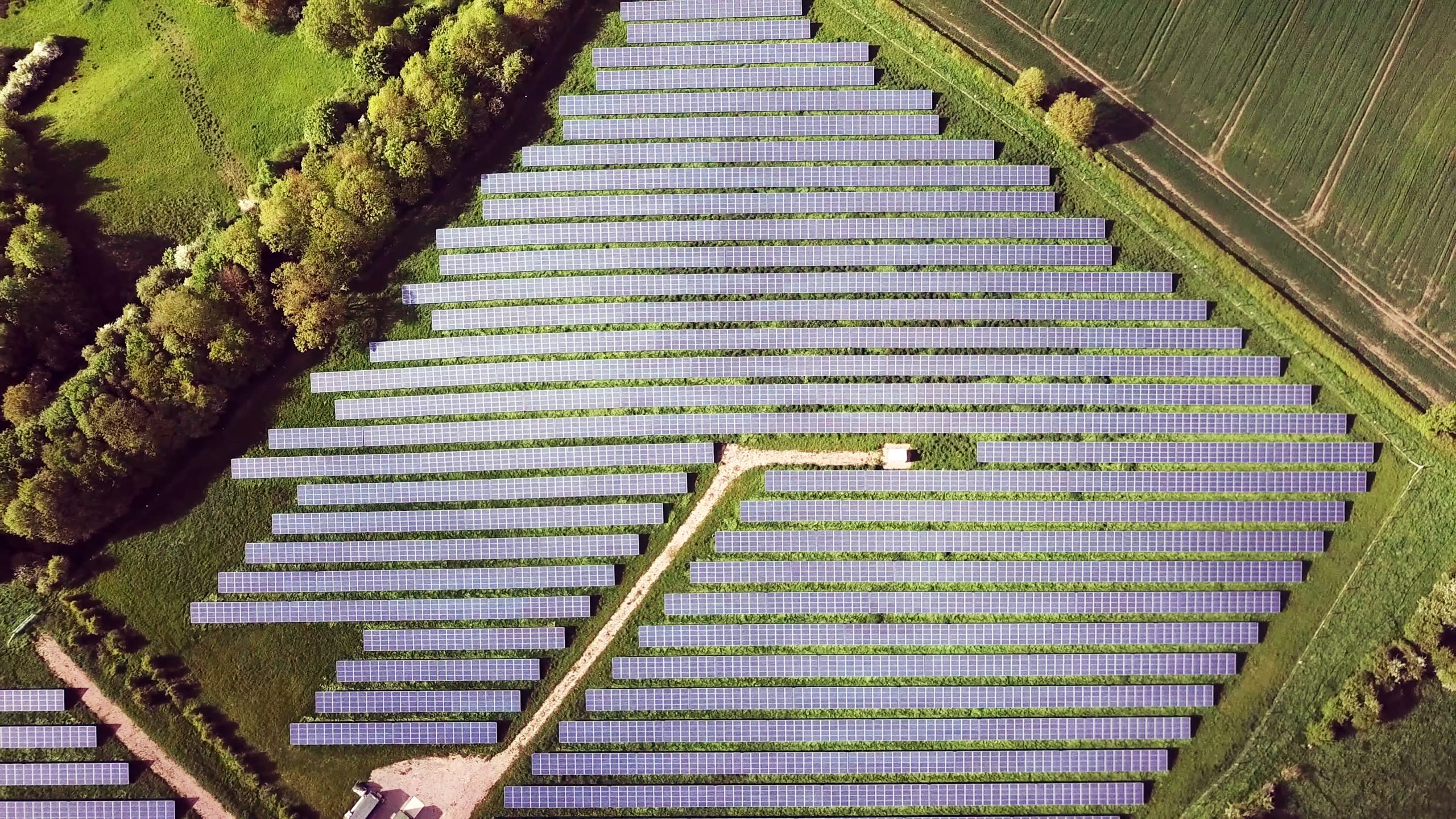 top aerial view of solar energy panels in solar energy farm, Photovoltaic power station