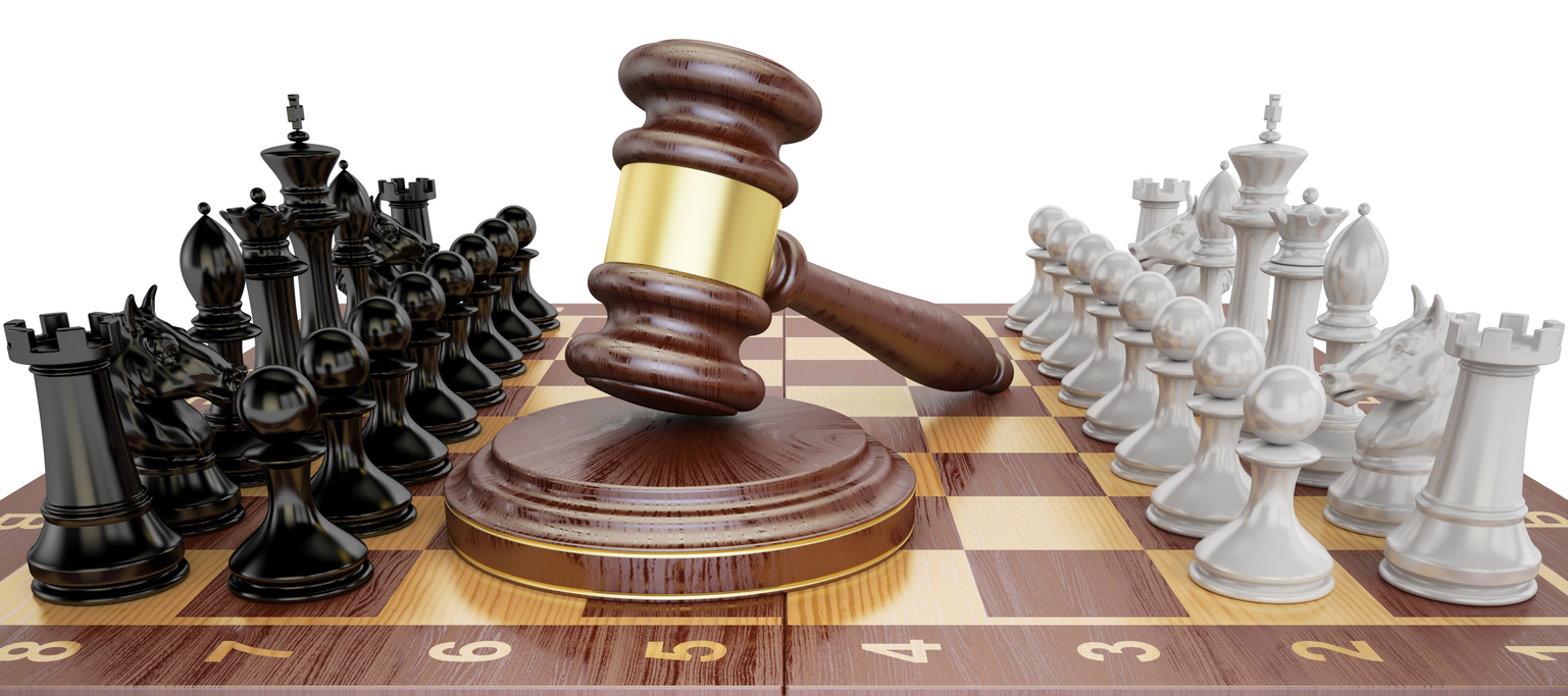 Gavel on chess board with figures. Law chess concept, 3D rendering
