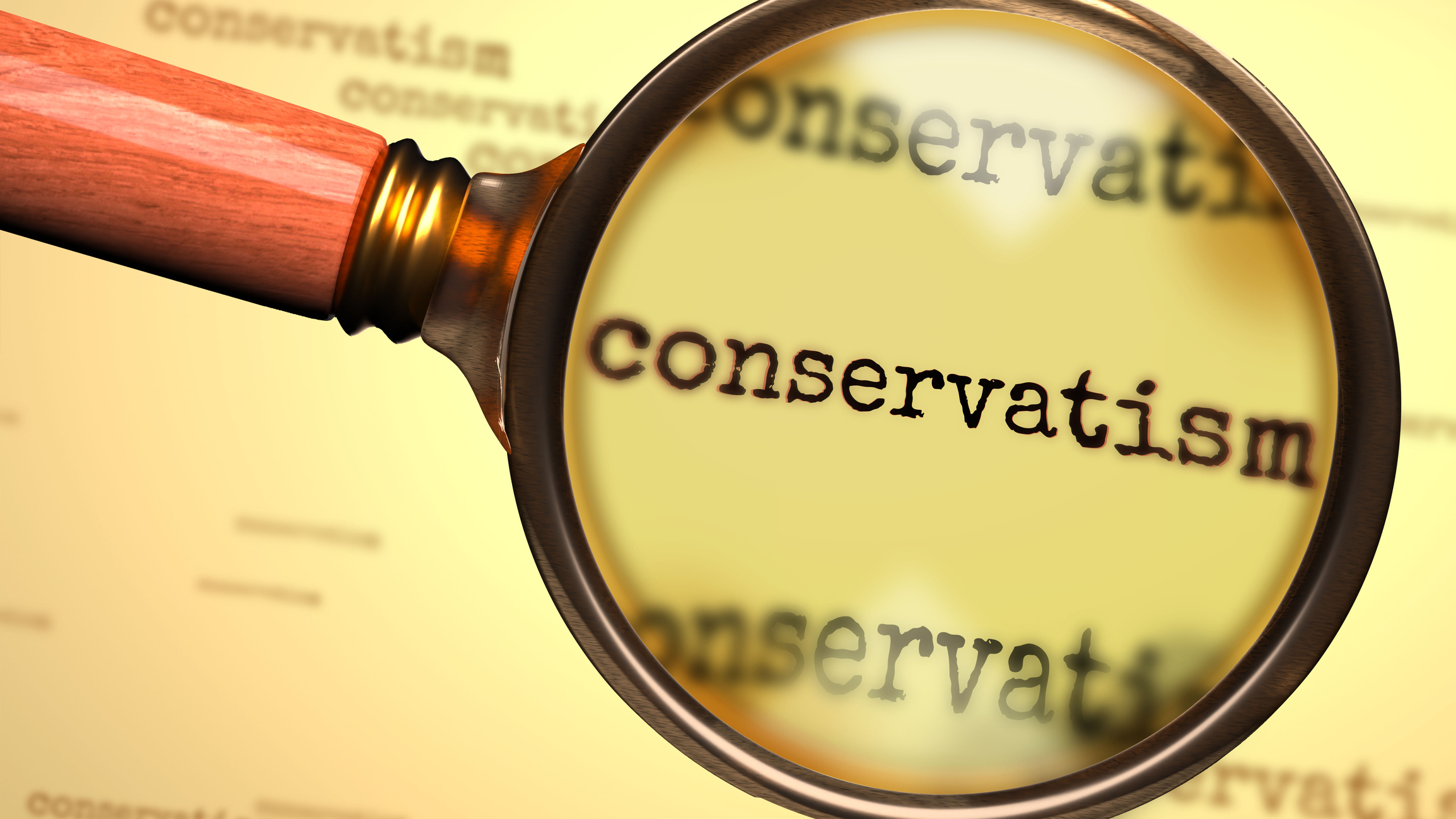 Conservatism – word and a magnifying glass enlarging it to symbolize studying, examining or searching for an explanation and answers related to the idea of Conservatism, 3d illustration