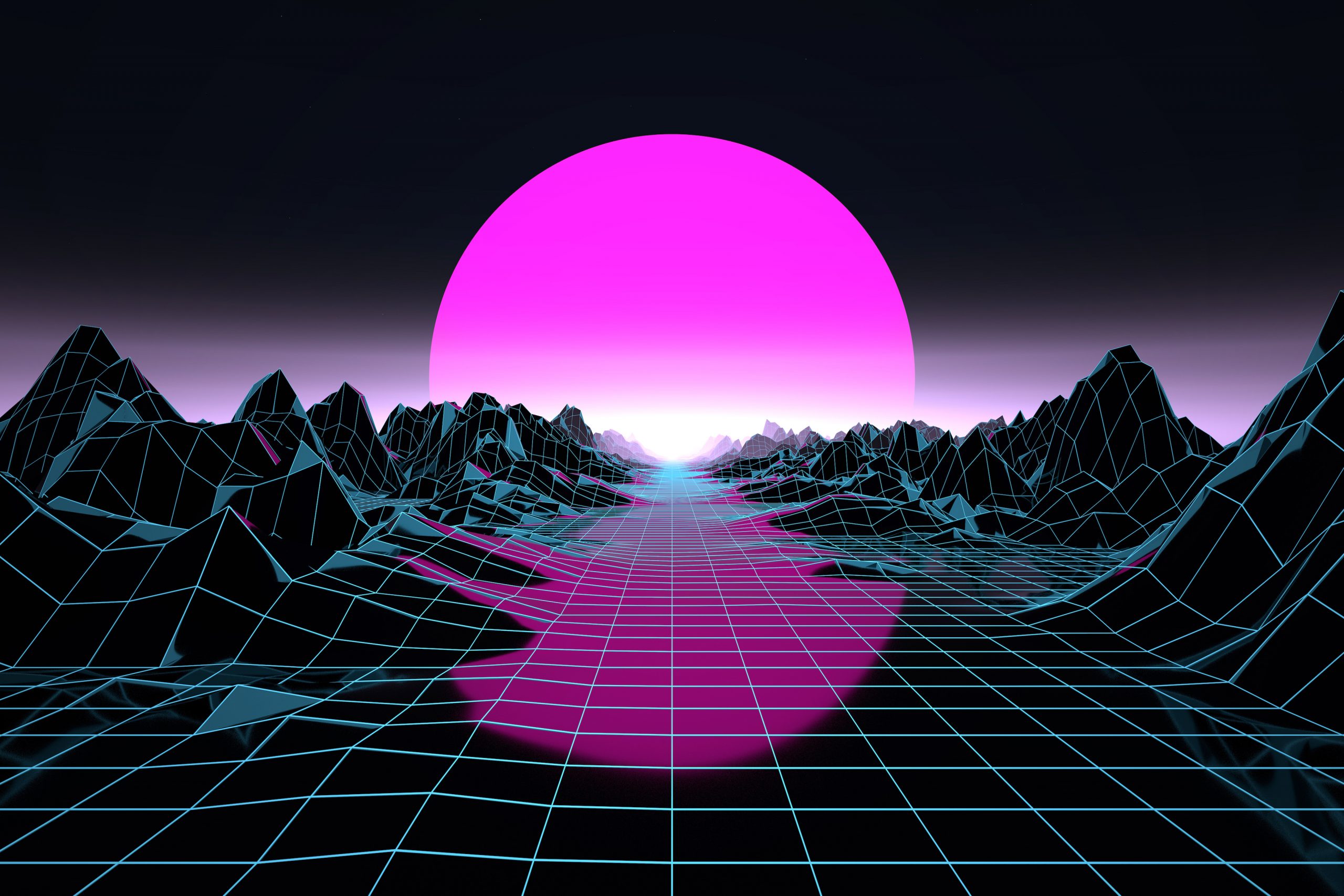 Futuristic digital render in cyber landscape with big low sun. Synthwave style
