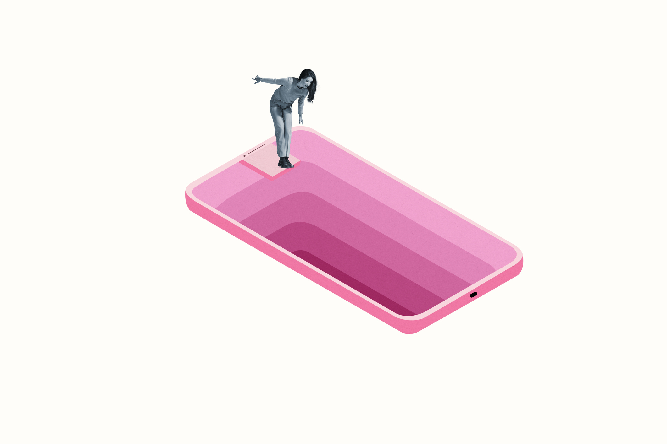 Woman looking down deep hole in large pink smart phone