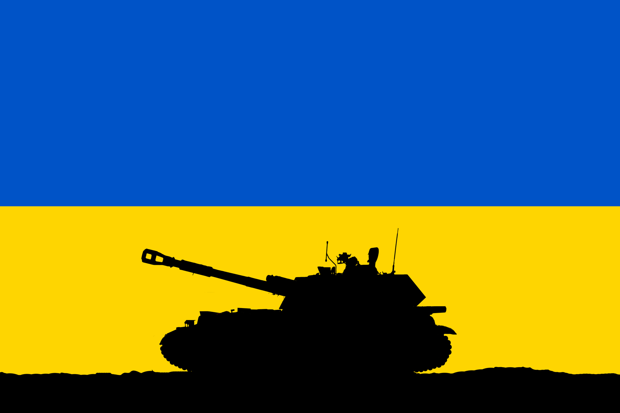 Conflict between Russia and Ukraine. Ukraine flag and tank. The concept of military threat and war