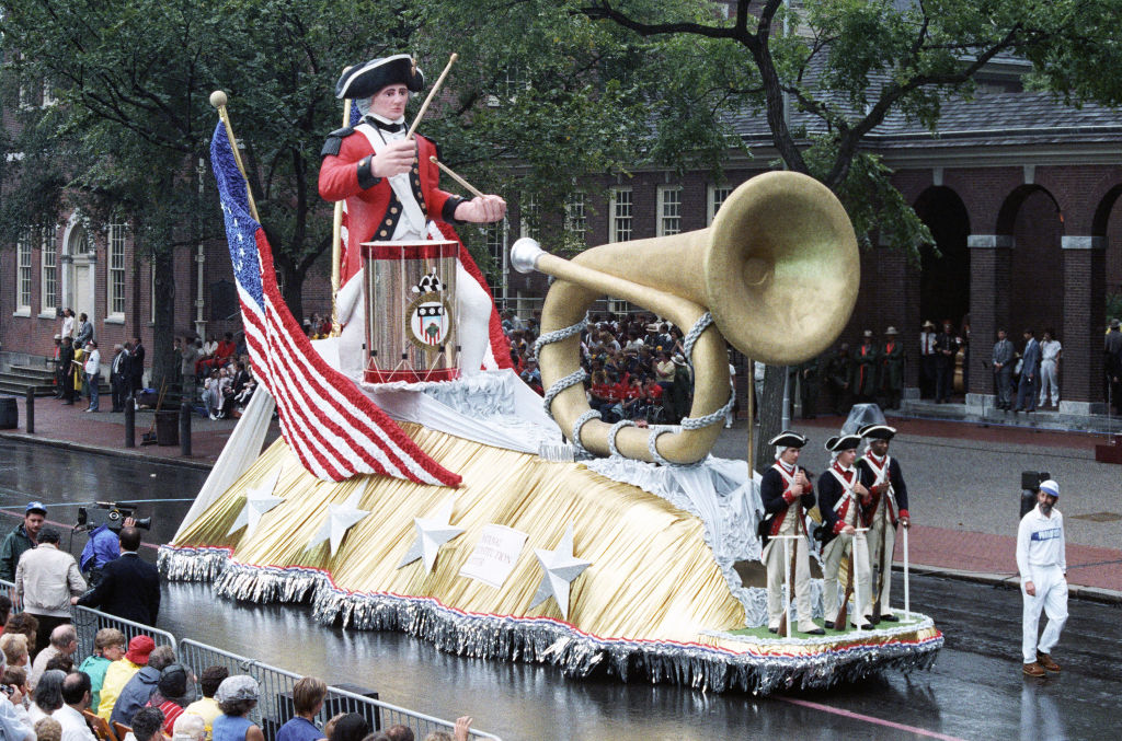 9/17/1987 – A float passes down the street during a parade celebrating the bicentennial of the U.S. Constitution in Philadelphia