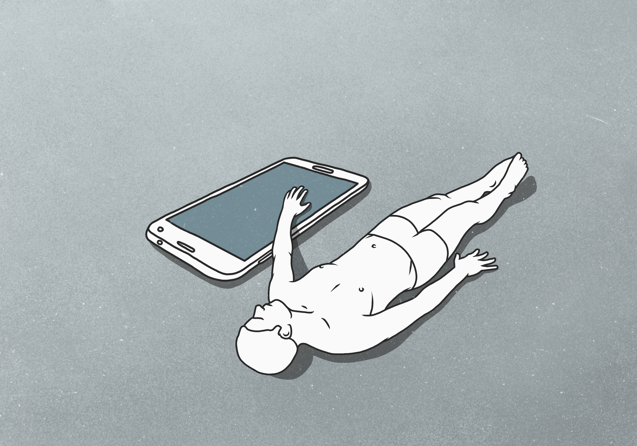 A male figure lying down with hand on a large mobile phone