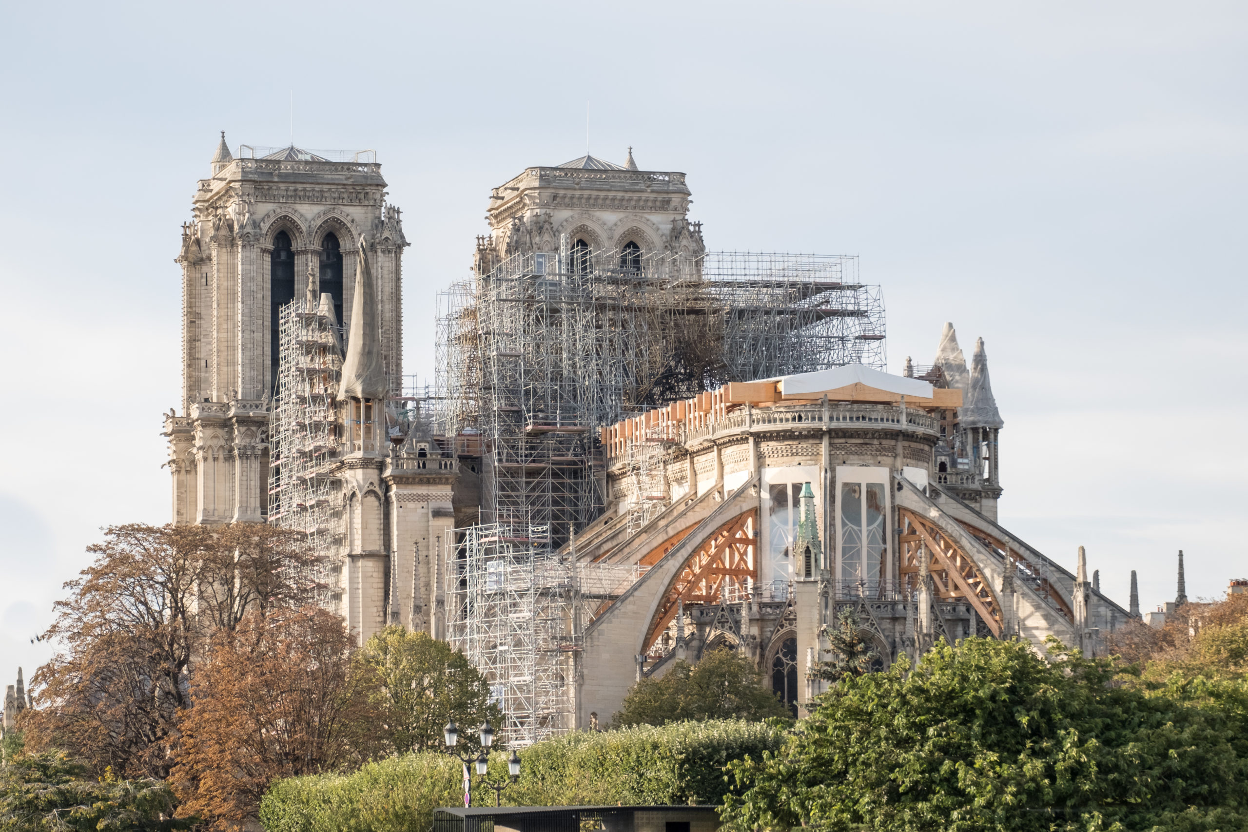 Notre Dame Cathedral with visible structure after the fire, Paris, France