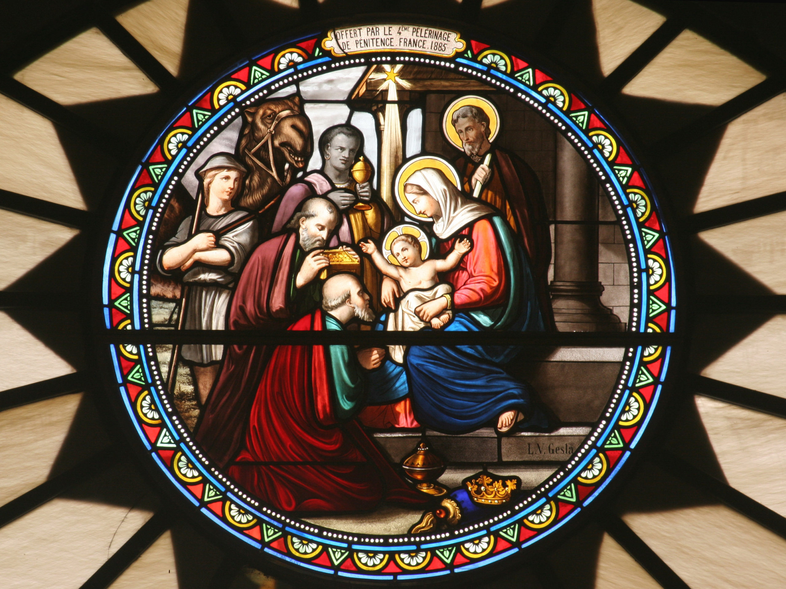 Nativity scene, stained glass, Church of St. Catherine, Bethlehem, Israel