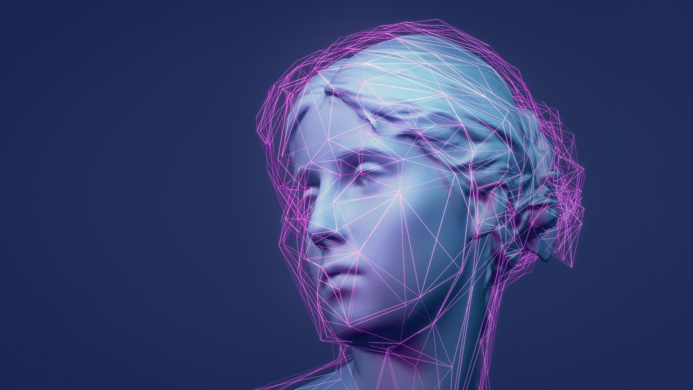 3D rendered classic sculpture Metaverse avatar with network of low-poly glowing purple lines