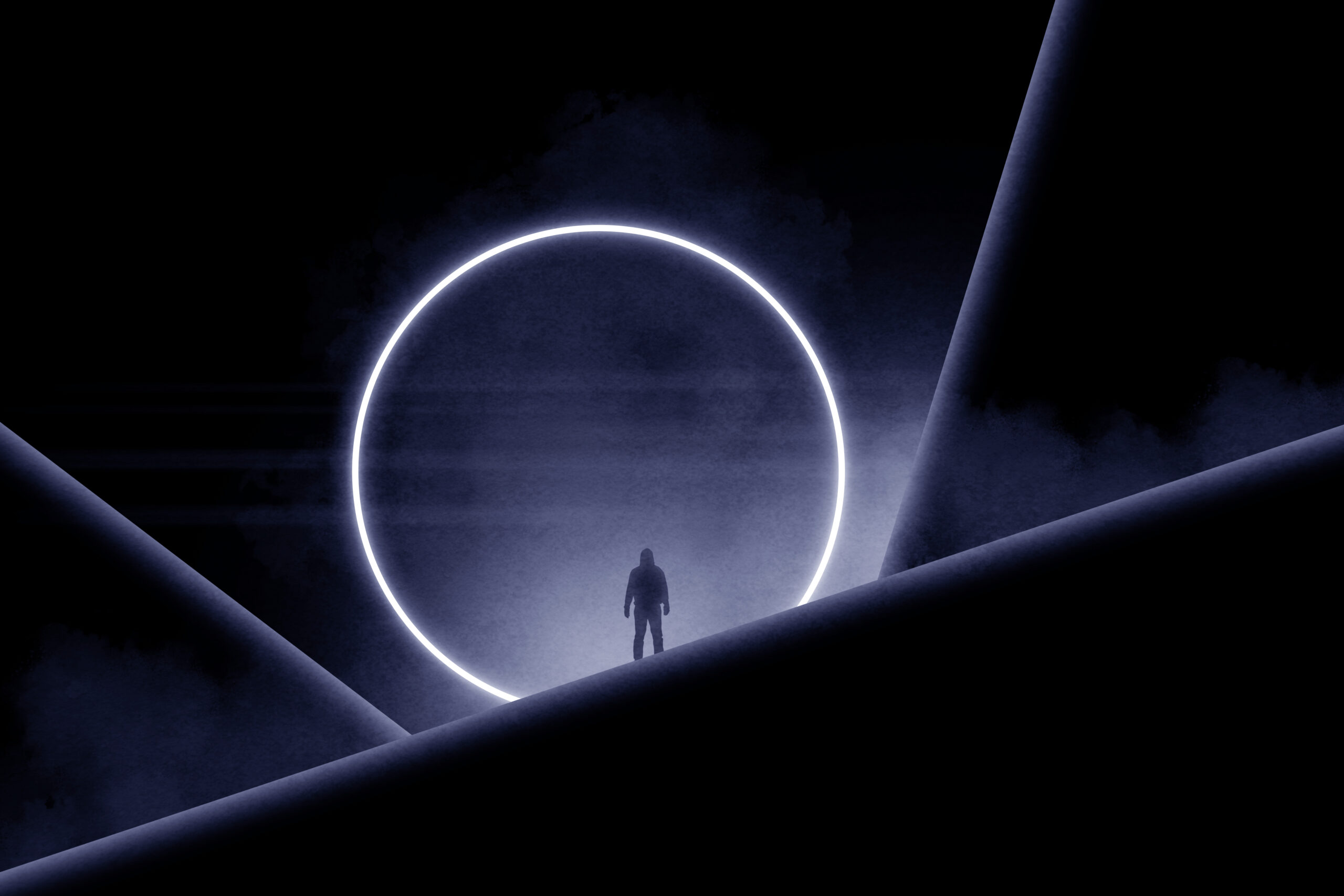 A minimal science fiction edit of a hooded silhouette of a figure of a man standing in front of a glowing portal.