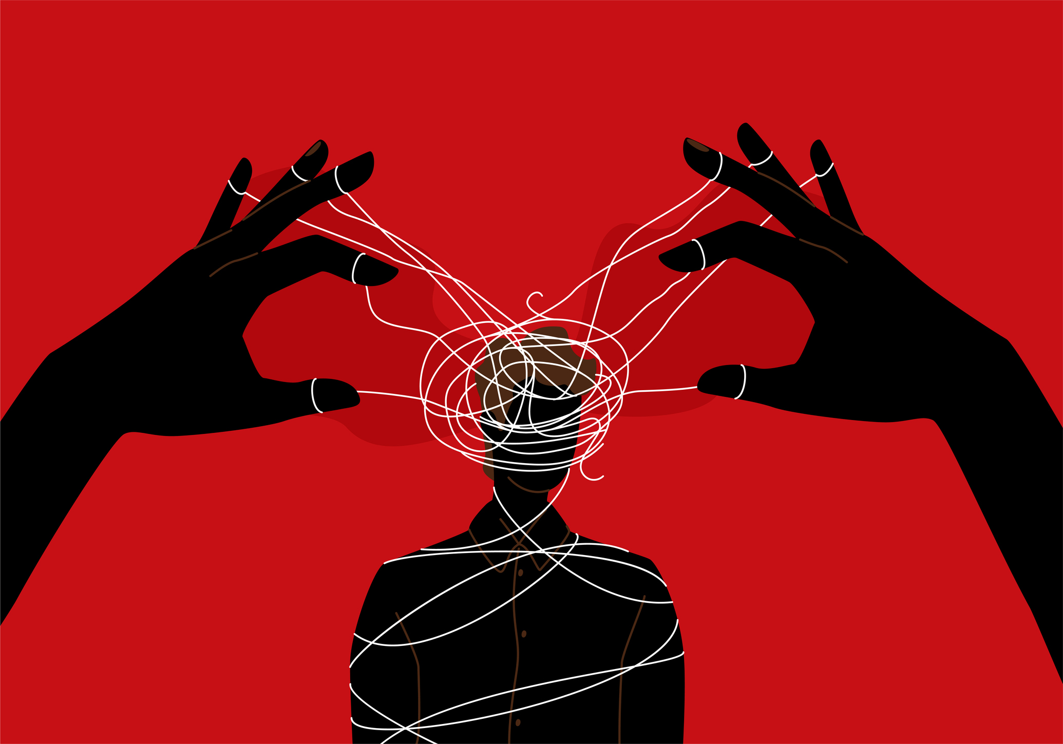 Manipulator concept vector illustration. Puppet master hands manipulate man mind, silhouette. Domination exploitation background. Mental control ropes