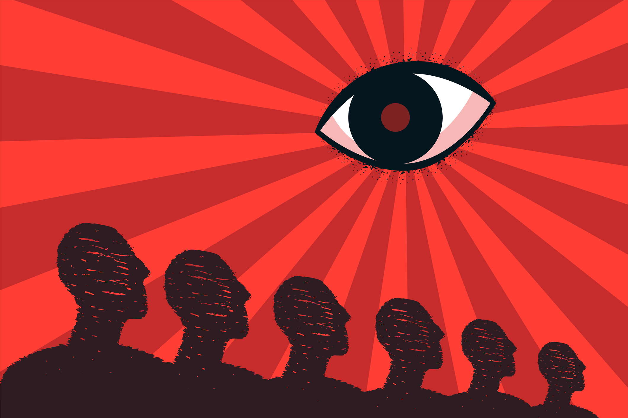 An eye looking at a stylized crowd, a symbol of control in a totalitarian state. Unity of citizens, dependence on the authorities, pressure on the masses of people.