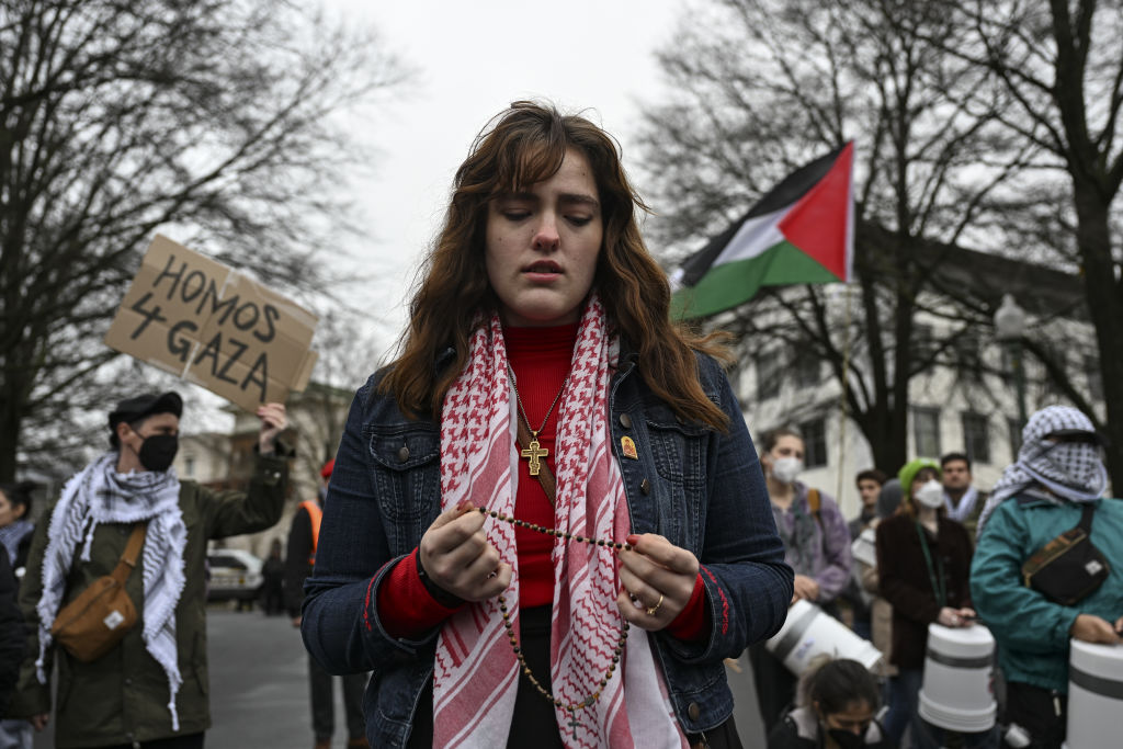 Demonstrators gathered outside of Israeli Embassy in Washington DC against Israel’s attacks demanding ceasefire