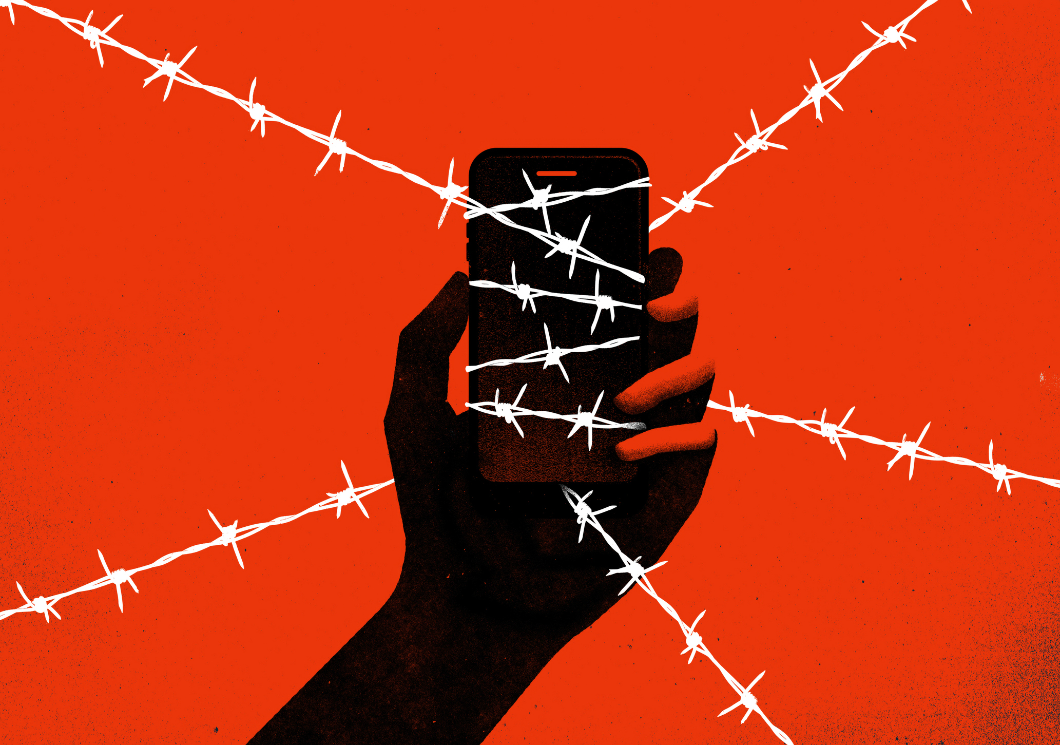 Illustration of a silhouette of a hand holding a smartphone, both entwined in barbed wire