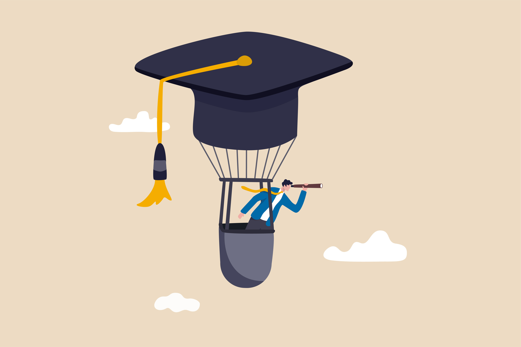 Education or knowledge to growth career path, working skill to success in work, learn or study new course for business success concept, businessman fly graduation mortar hat balloon see future vision.