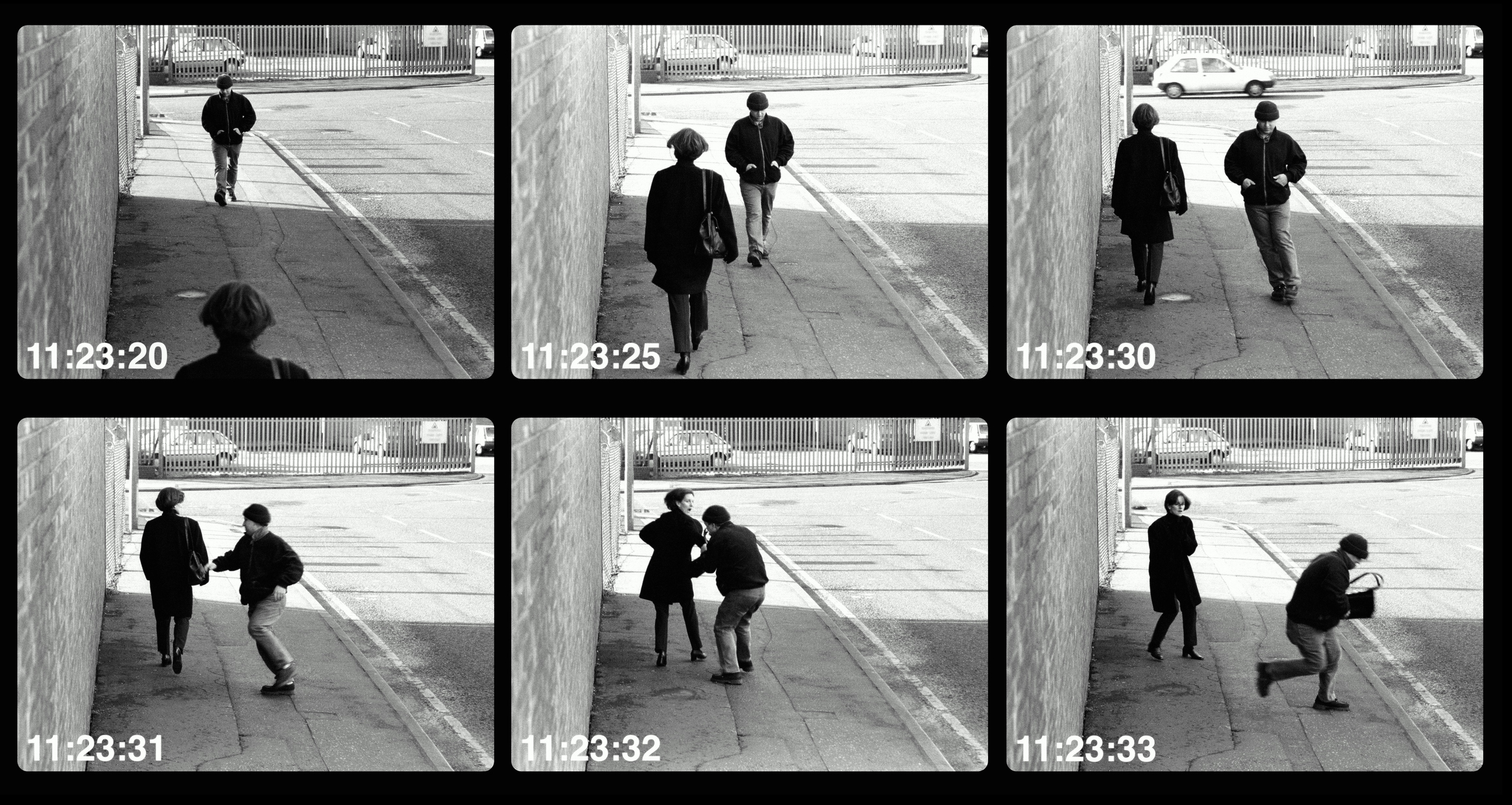 Man mugging woman in street (video still, Digital Composite)