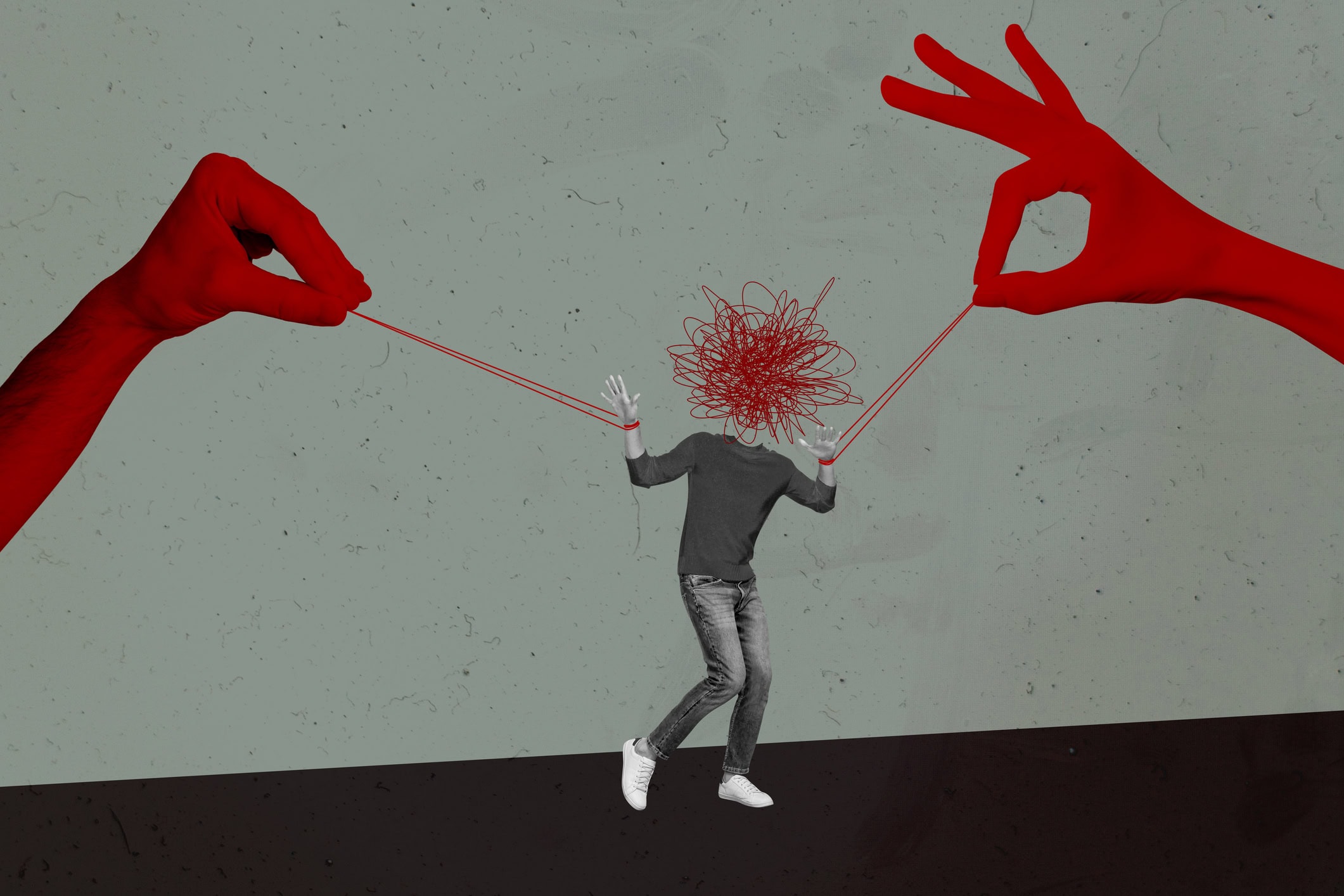 Trend artwork composite sketch image photo collage of huge hand appear show gesture ok hand hold rope puppet manipulation mess stress