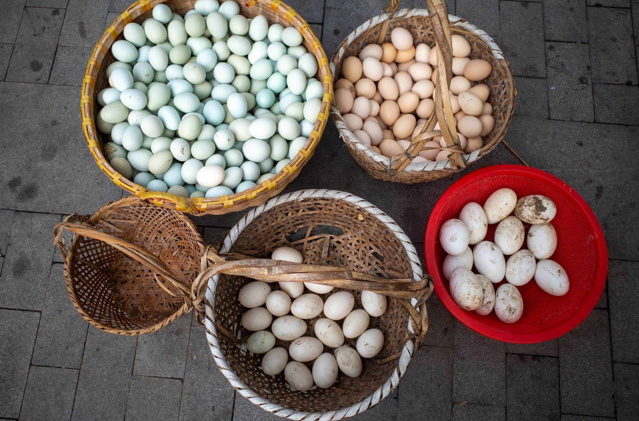 Various egg stalls at the street market.