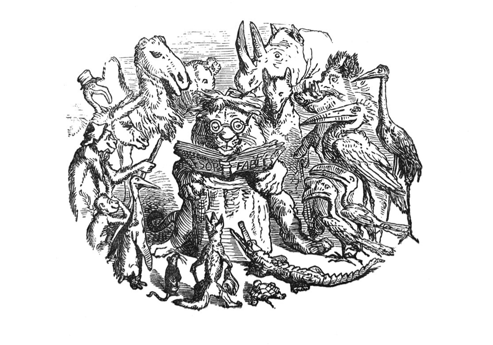 Aesop’s Fables – Group of animals reading Aesop’s Fables book – Illustration