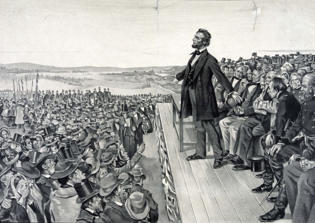 Abraham Lincoln making his famous address on 19 November 1863 at the dedication of the Soldiers’ National Cemetery at Gettysburg on the site of the American Civil War battle with the greatest number of casualties.