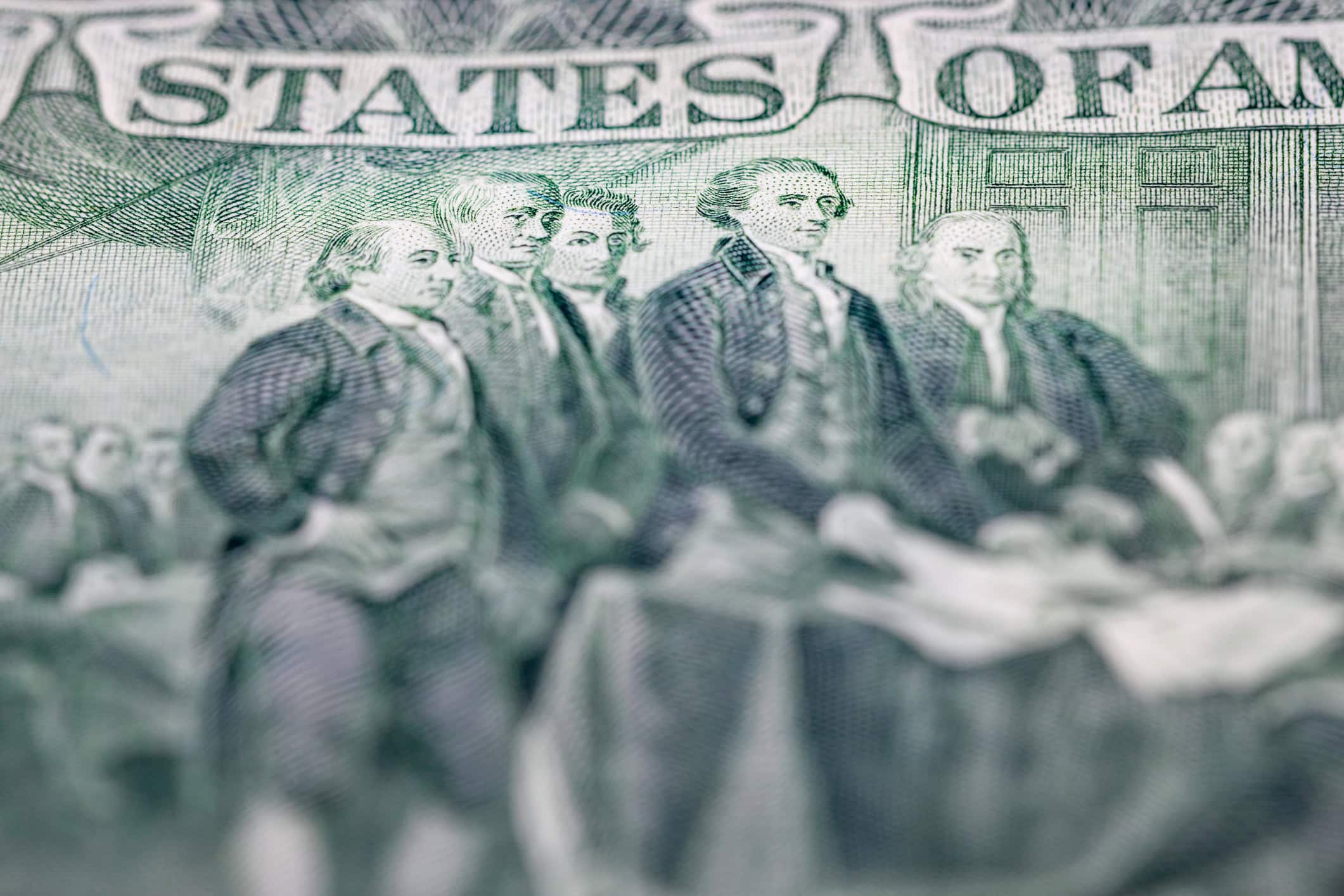 2 dollar United States details of the reverse side featuring the Declaration of Independence. Paper money of the United States of America.