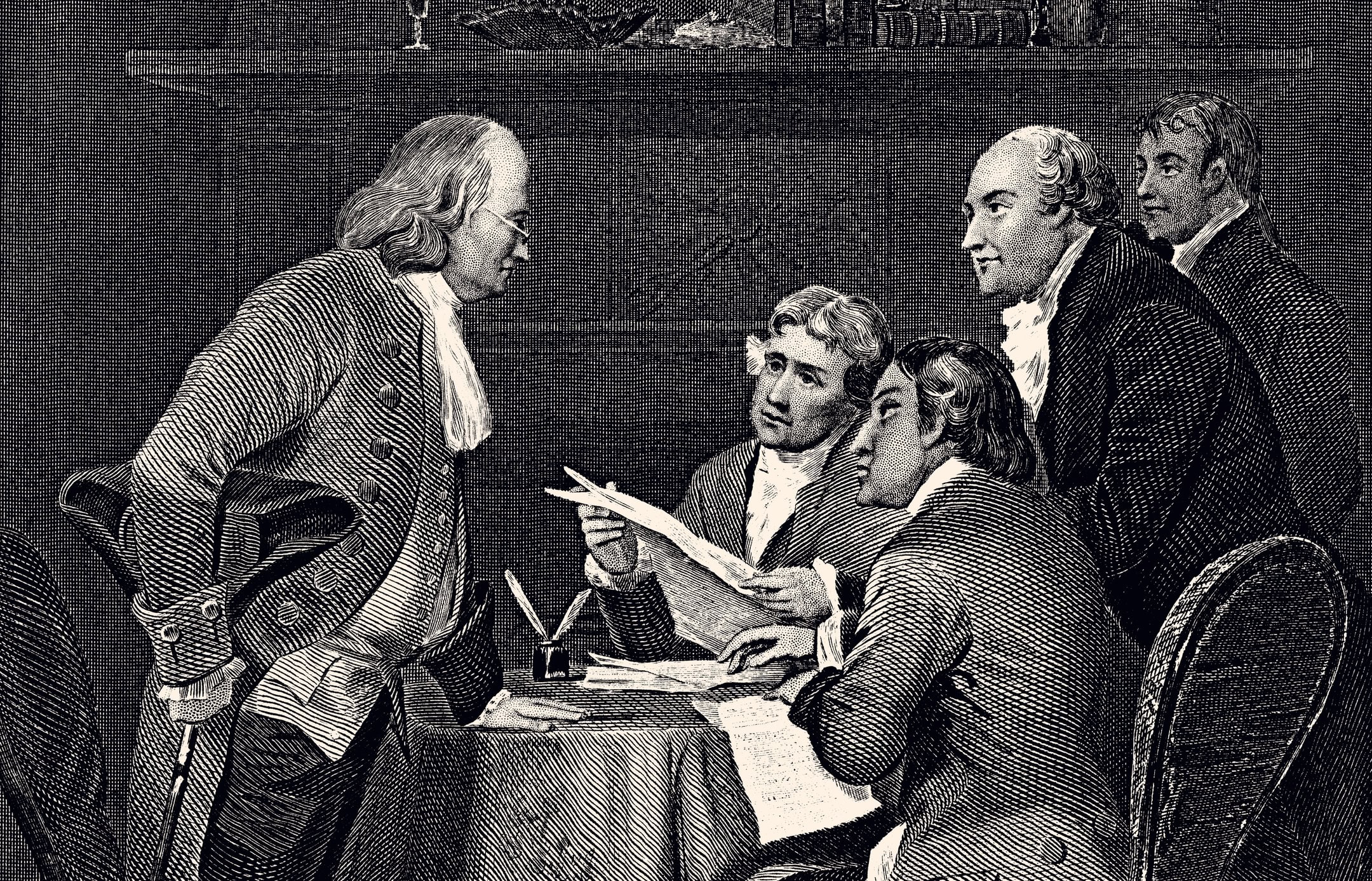 Drafting the Declaration of Independence : This 19th-century engraving depicts the famous meeting of the Committee of Five in June 1776. On the left, Benjamin Franklin , and Thomas Jefferson, John Adams, Roger Sherman and Robert R. Livingston..